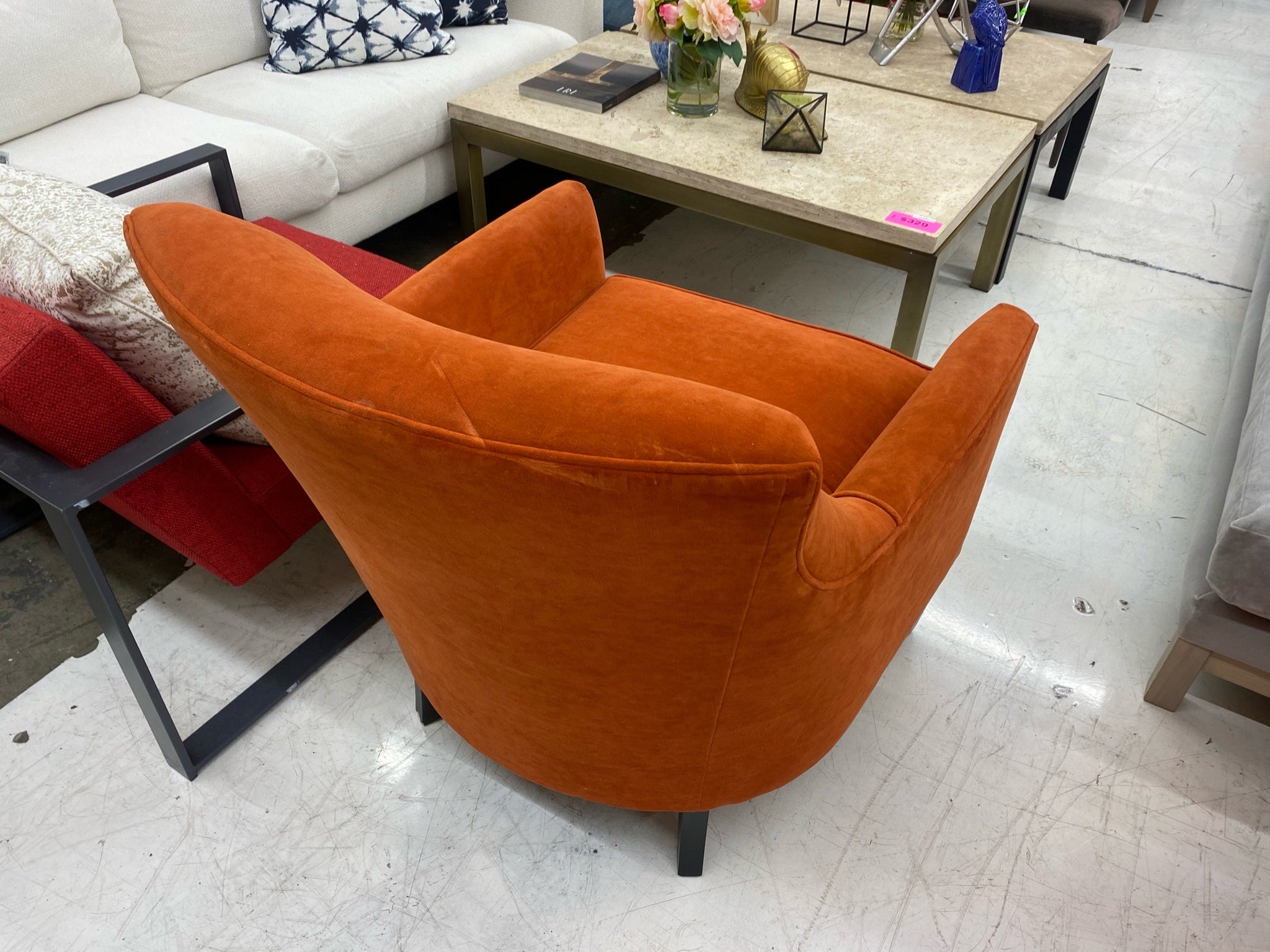 Crate Barrel Clara Arm Chair in Orange Velvet 123 Pivot