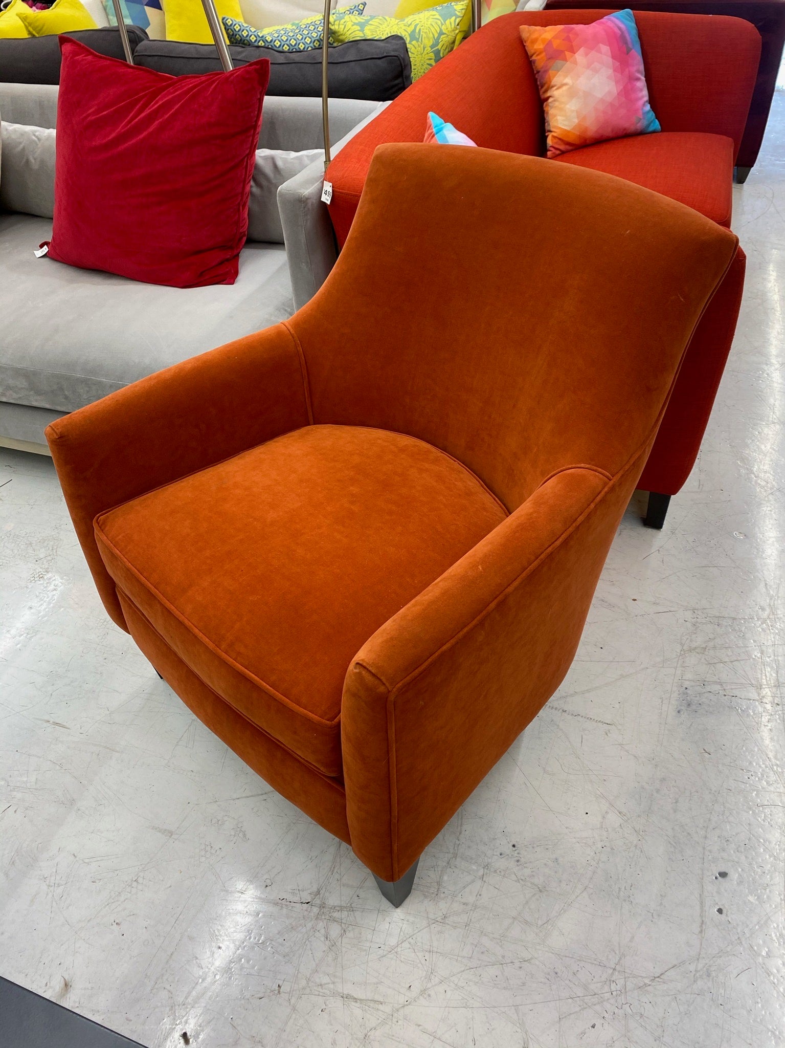 Crate Barrel Clara Arm Chair in Orange Velvet 123 Pivot