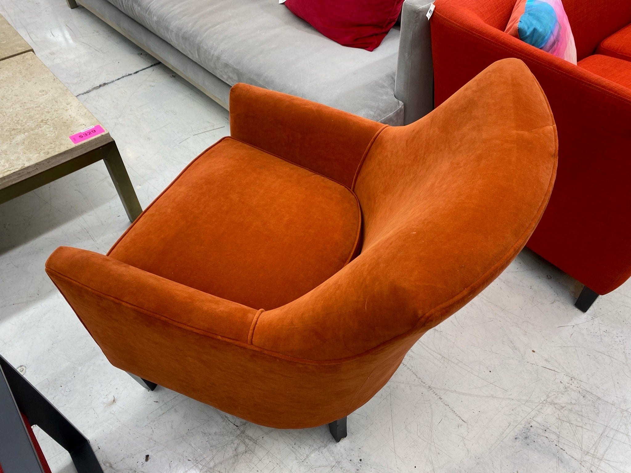 Crate Barrel Clara Arm Chair in Orange Velvet 123 Pivot