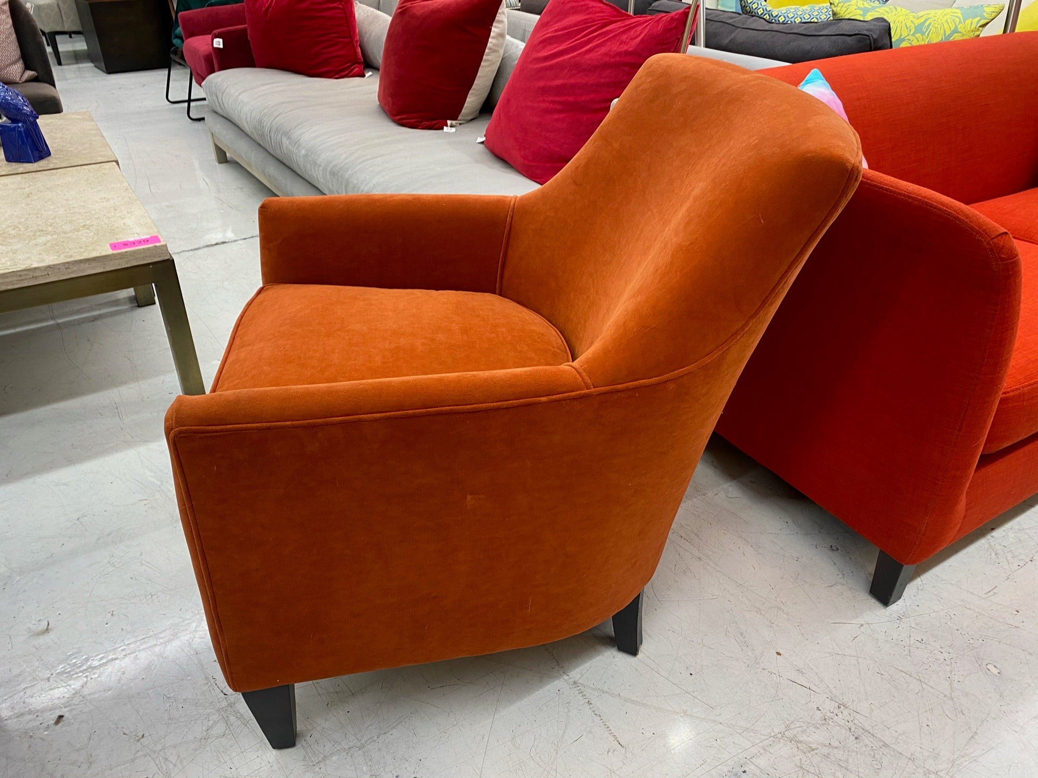 Crate Barrel Clara Arm Chair in Orange Velvet 123 Pivot