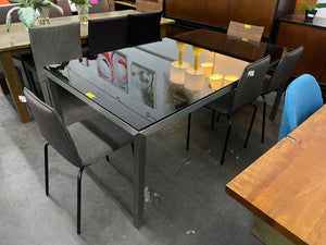 Crate & Barrel Parsons 60"x36" Black Glass Top + Stainless Steel Base Dining Table
